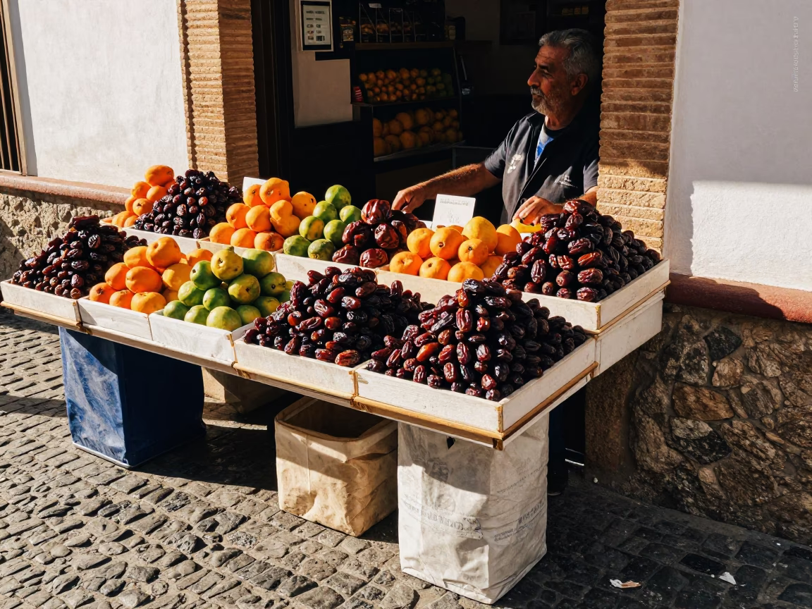 Colorful Fruit Stall with Dates and Doorframe in Granada Spain Afternoon in in Granada, Spain