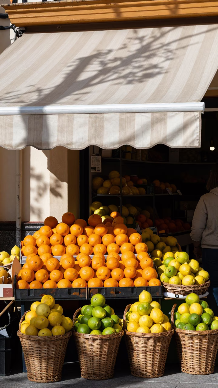 Colorful fruit stall with striped awning in Seville afternoon light in in Seville, Spain