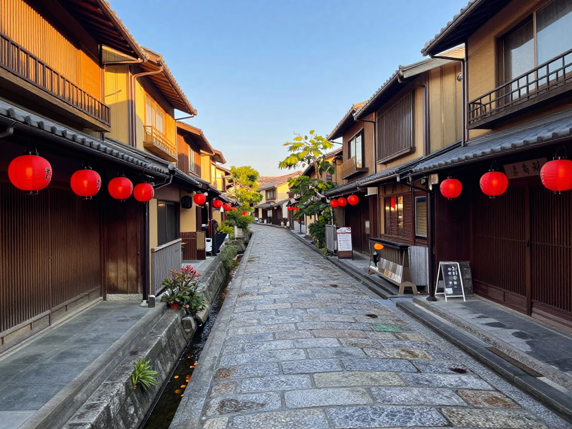 Colorful Fukuoka Japan Street Scene with Floating Lanterns and Traditional Architecture in in Fukuoka, Japan