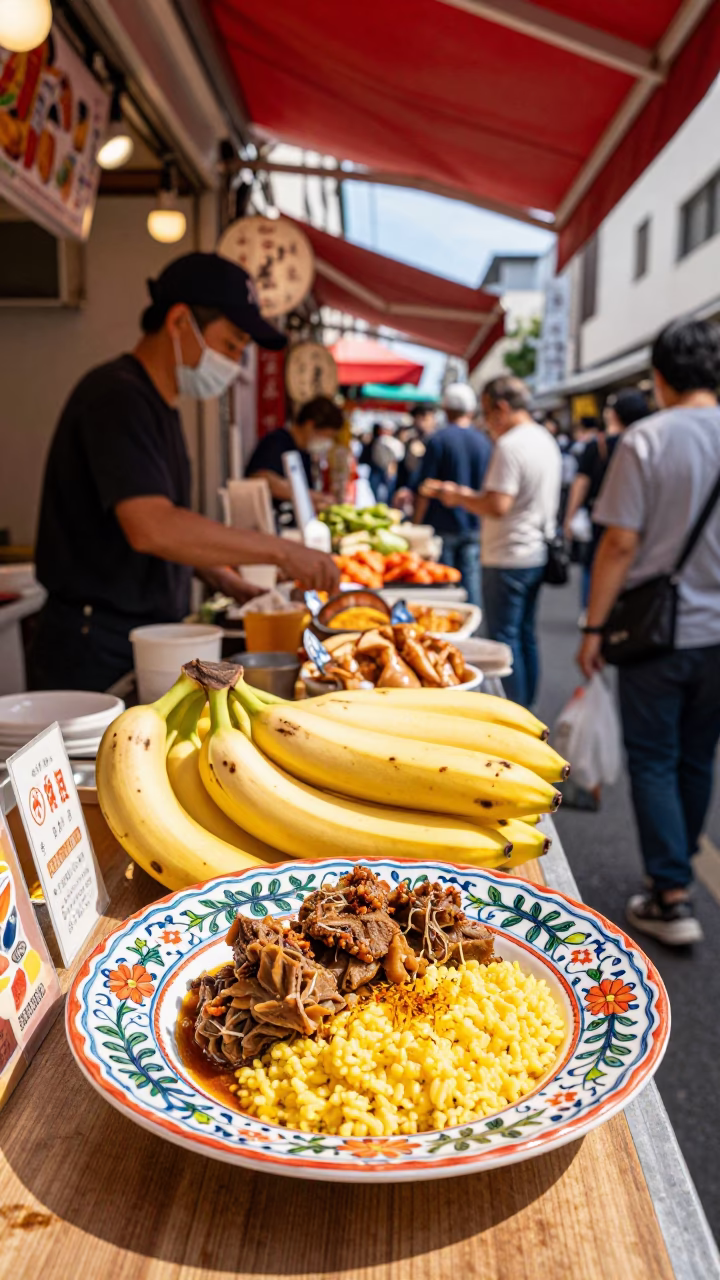 Colorful Fukuoka Street Food Stall Midday with Vintage Plate and Bananas in in Fukuoka, Japan