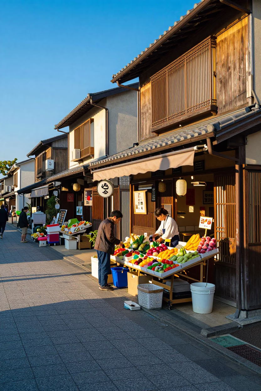 Colorful Fukuoka Street Scene with Local Shopkeeper and Traditional Slippers in Late Afternoon Light in in Fukuoka, Japan