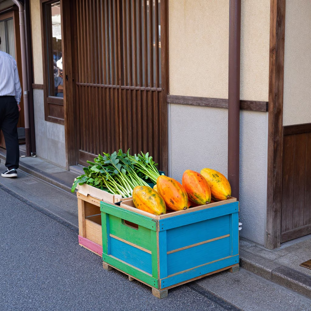 Colorful Fukuoka Street Scene with Painted Crate and Local Market Goods in in Fukuoka, Japan