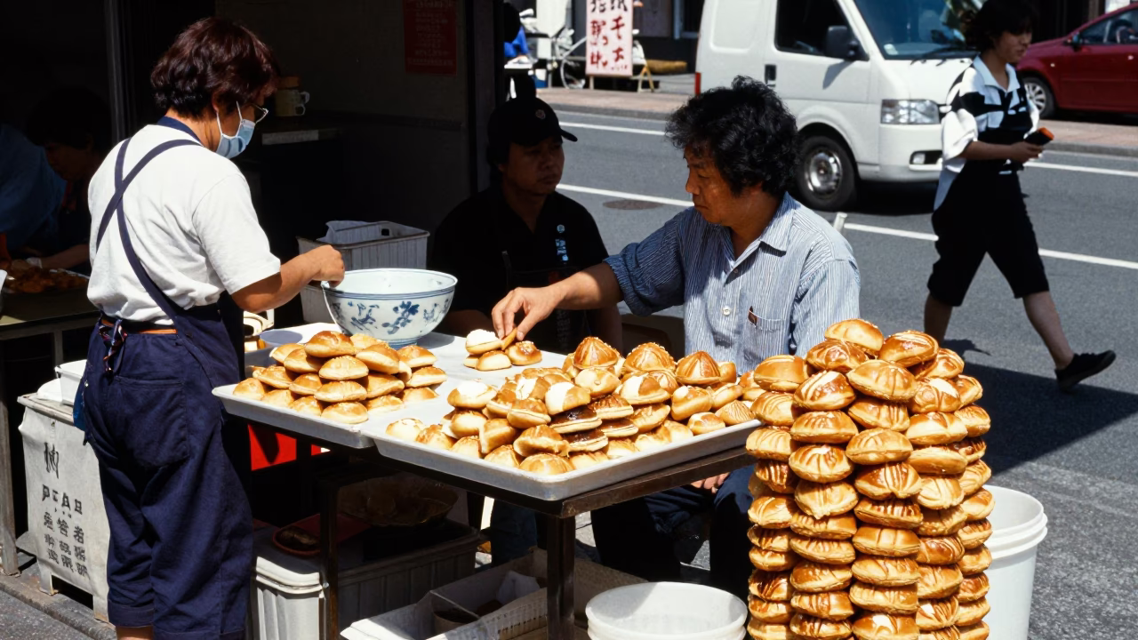 Colorful Fukuoka Street Scene with Pastries and Ceramic Bowl Under Noon Sun in in Fukuoka, Japan