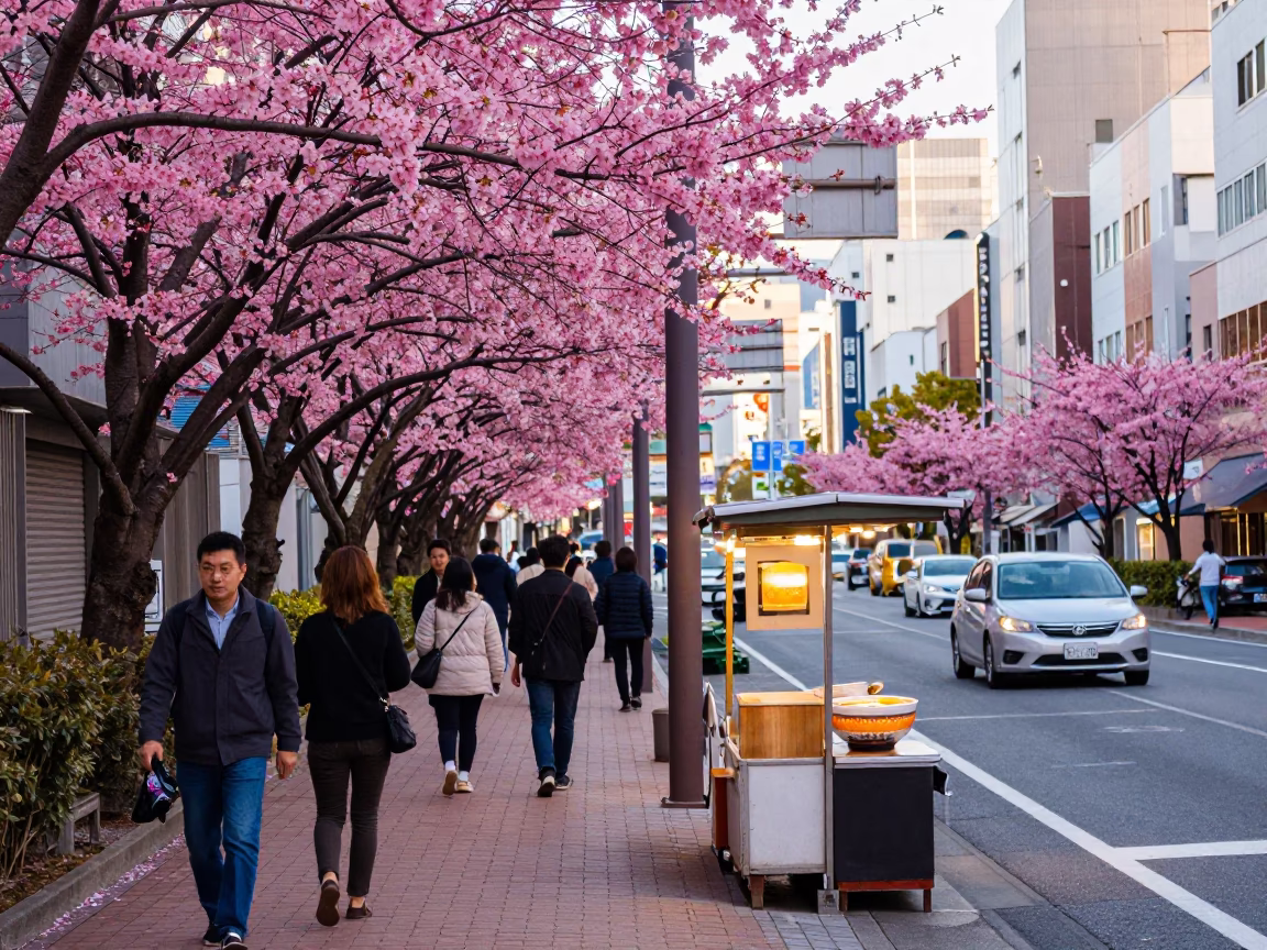 Colorful Fukuoka Street Scene with Pink Dogwood and Urban Details in in Fukuoka, Japan