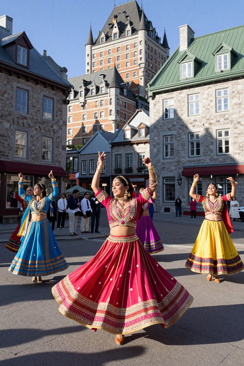 Colorful Garba Dance Celebration in Quebec City Historic District Early Afternoon in in Quebec City, Quebec, Canada