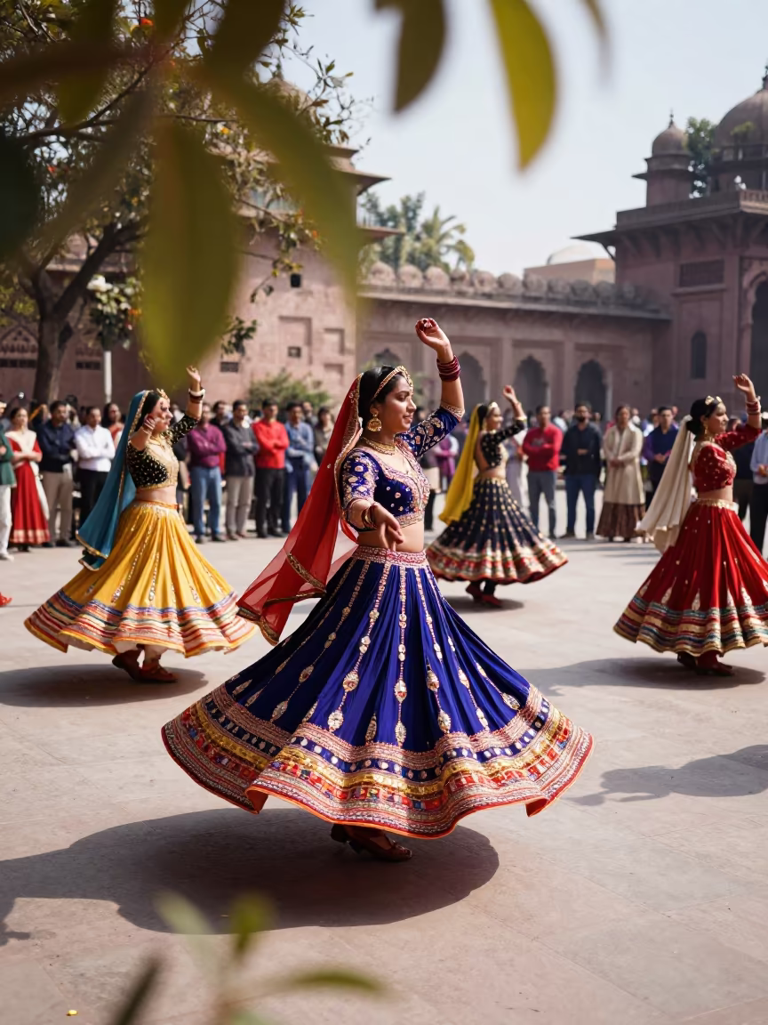 Colorful Garba Skirts Spin in Hauz Khas Winter Sun in at a public square during a festival in Hauz Khas, Delhi