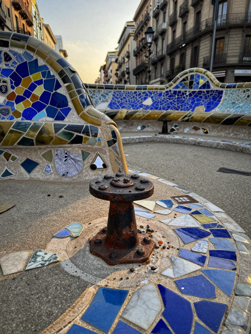 Colorful Gaudi Mosaic Fragments and Turnbuckle on Barcelona Street at Dusk in in Barcelona, Spain