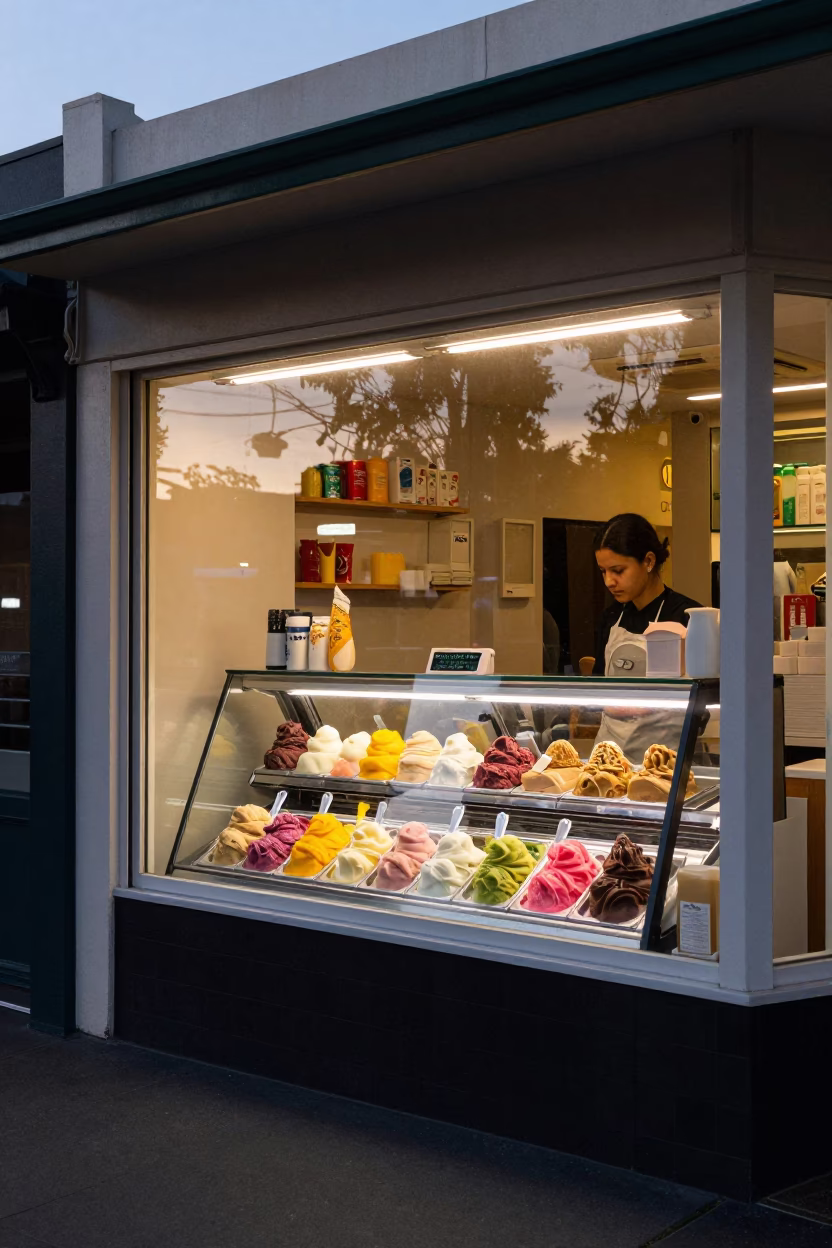 Colorful Gelato Display in Adelaide Shop Window Early Evening Street Scene in in Adelaide, South Australia, Australia