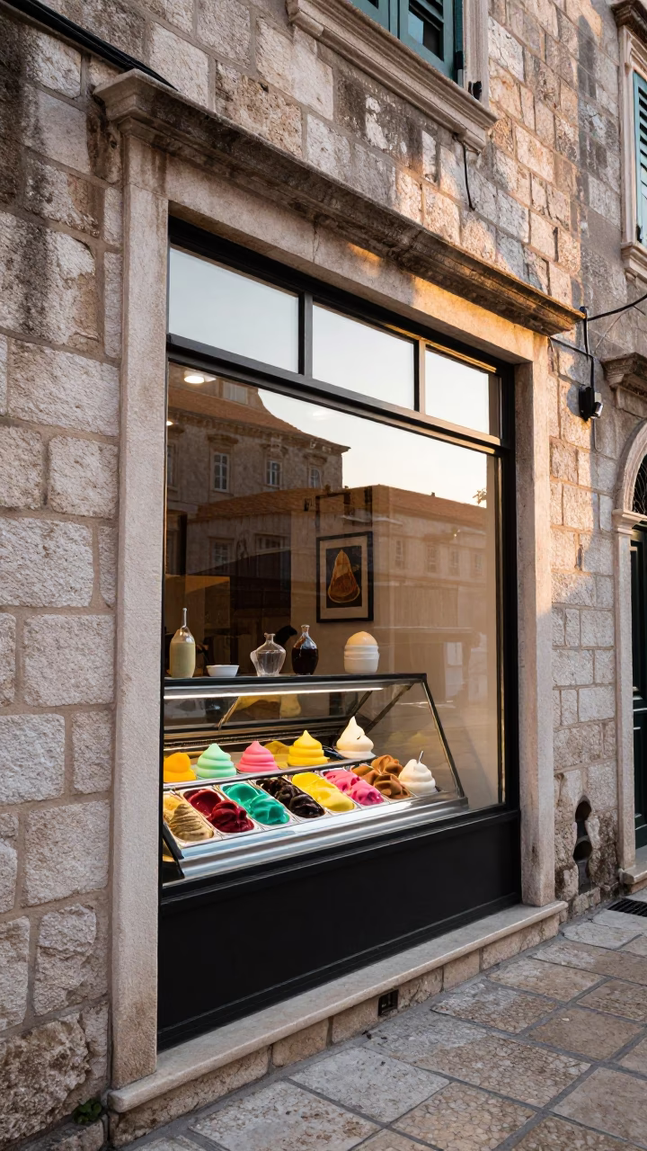 Colorful Gelato Display in Dubrovnik Shop Window After Sunrise in in Dubrovnik, Croatia