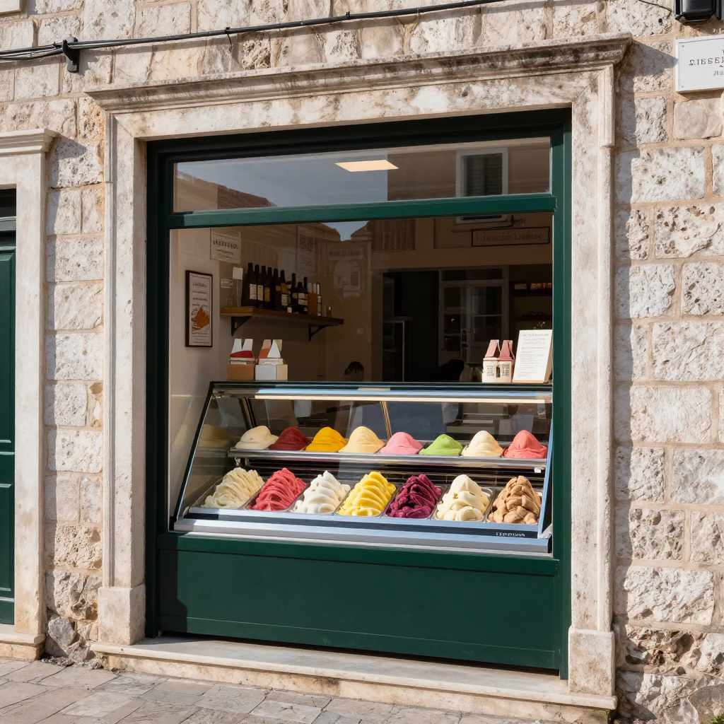Colorful Gelato Display in Dubrovnik Shop Window Late Morning Light in in Dubrovnik, Croatia