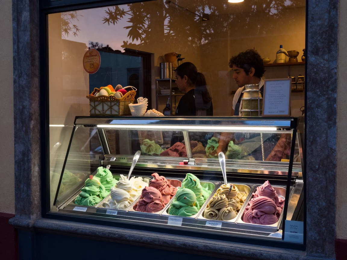 Colorful Gelato Display in Guadalajara Shop Window During Indigo Twilight in in Guadalajara, Mexico
