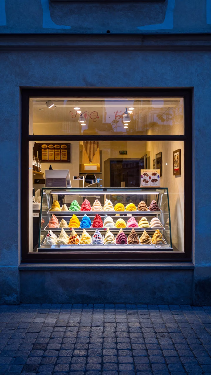 Colorful Gelato Display in Krakow Shop Window During Indigo Twilight in in Krakow, Poland