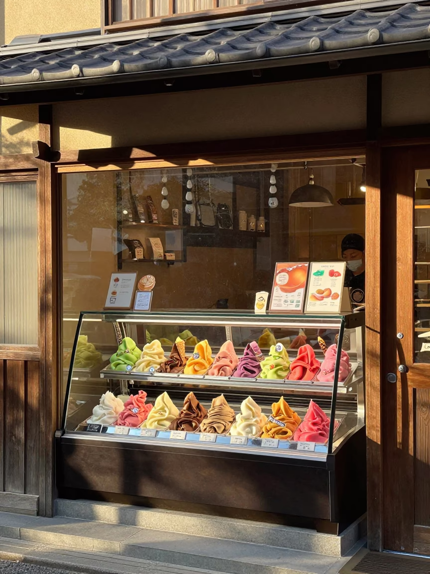Colorful Gelato Display in Kyoto Shop Window During Early Afternoon Street Scene in in Kyoto, Japan