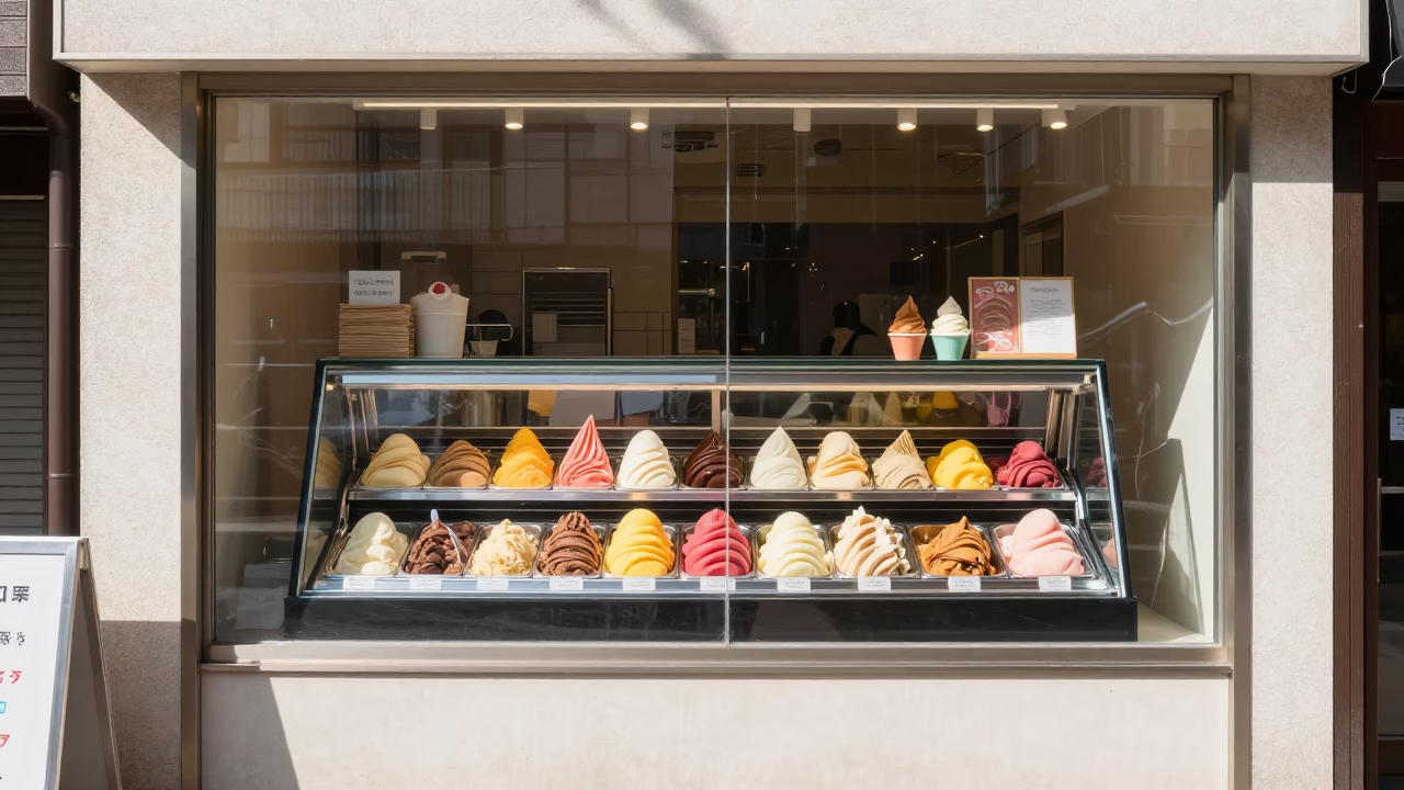 Colorful Gelato Display in Tokyo Shop Window Under Flat Noon Glare in in Tokyo, Japan