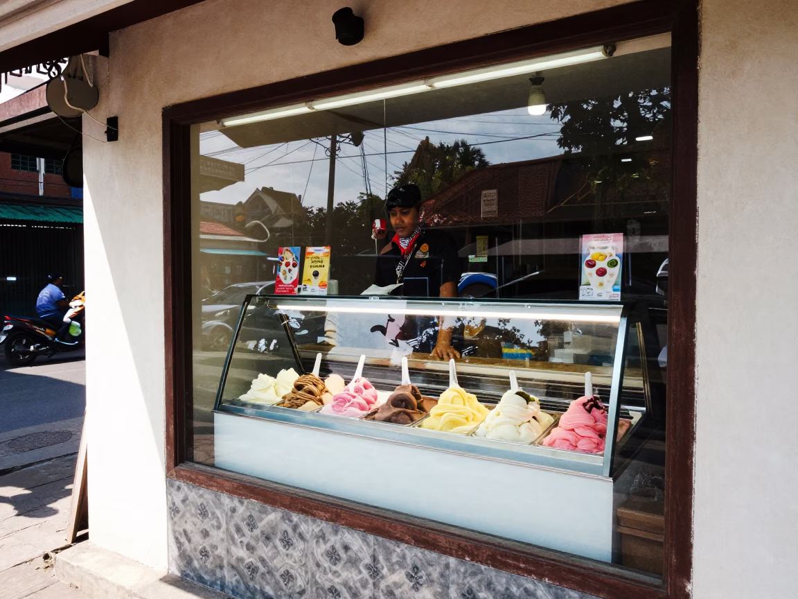 Colorful Gelato Display in Yogyakarta Shop Window Bright Midmorning Light in in Yogyakarta, Indonesia