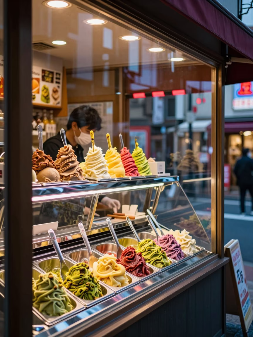 Colorful Gelato Shop Window Display in Tokyo Japan Early Evening Street Scene in in Tokyo, Japan