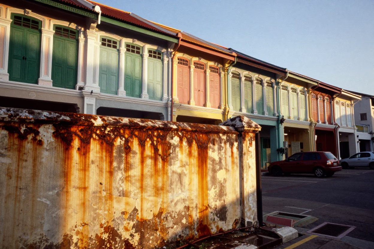 Colorful George Town Malaysia Street Scene After Sunrise with Rusty Wall and Measuring Tape in in George Town, Malaysia