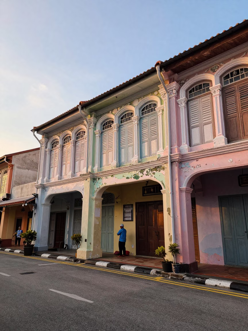 Colorful George Town Malaysia Street Scene Early Evening with Shophouses and Houseplants in in George Town, Malaysia