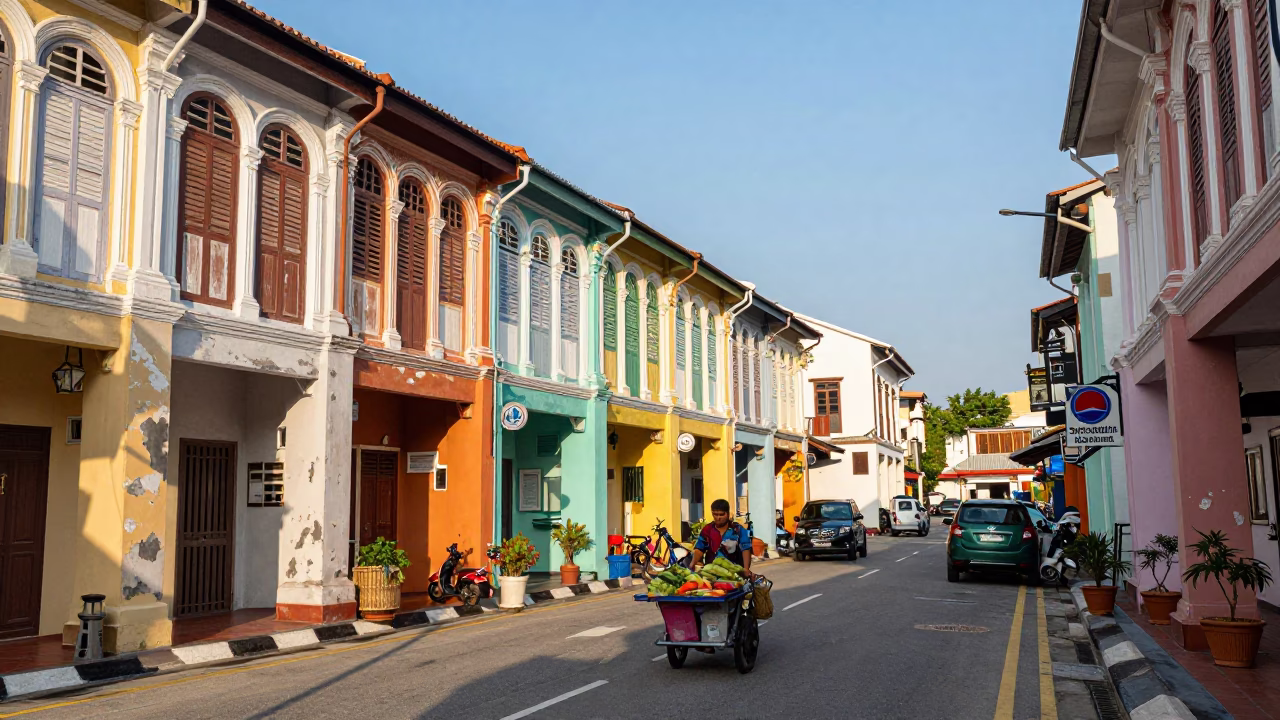 Colorful George Town Malaysia Street Scene Late Afternoon Shophouses and Daily Life in in George Town, Malaysia