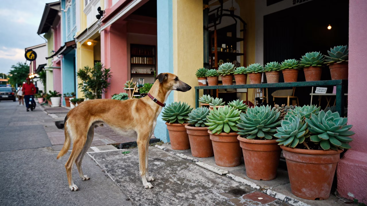 Colorful George Town Malaysia Street Scene with Sloughi Dog and Succulents in in George Town, Malaysia