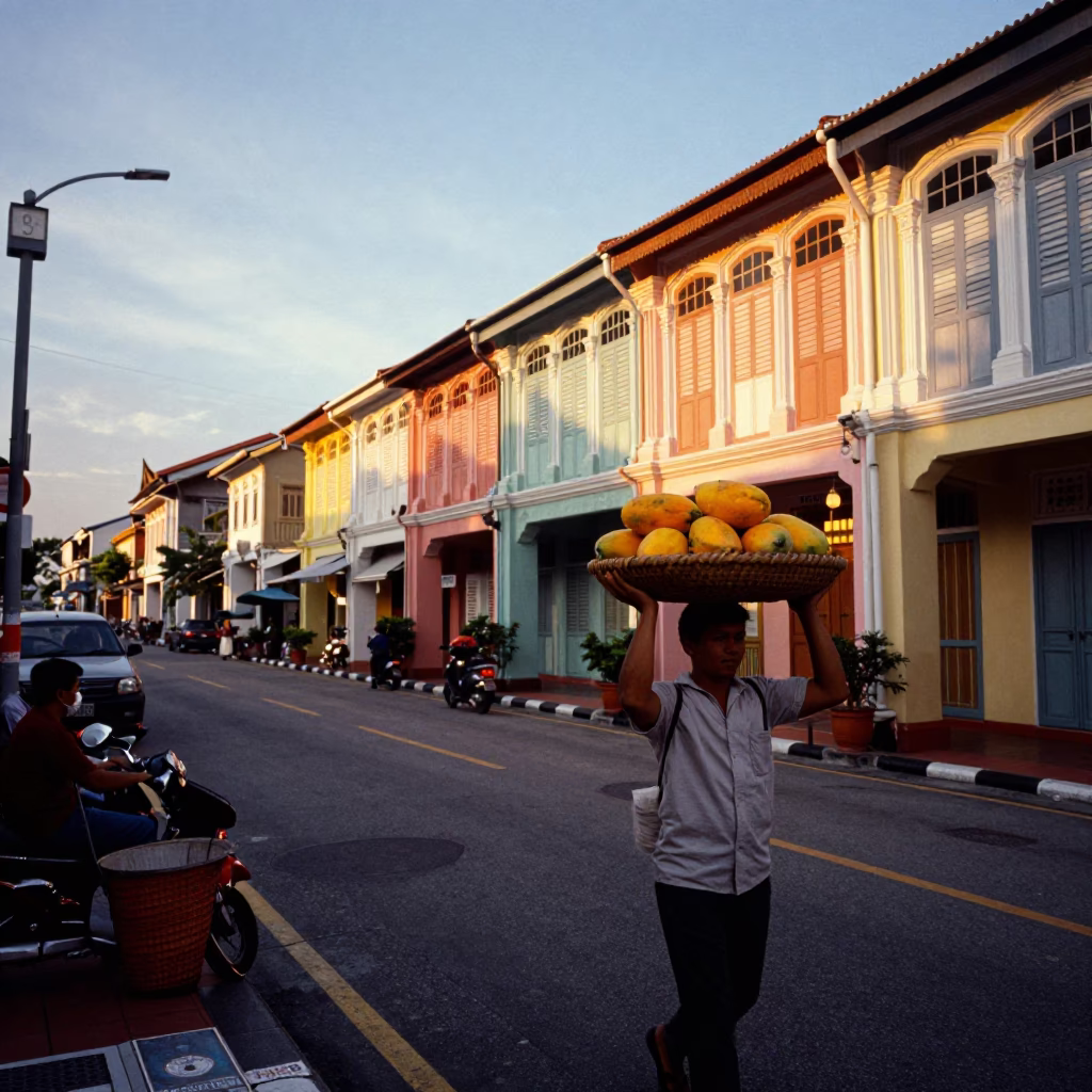 Colorful George Town Malaysia Sunset Street Scene with Papayas and Traditional Shophouses in in George Town, Malaysia