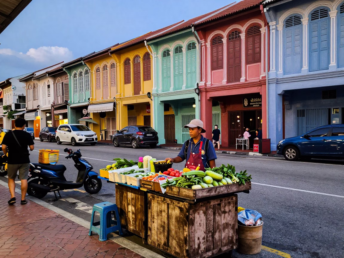 Colorful George Town Street Vendor Evening Scene with Wooden Crate and Broom in in George Town, Malaysia