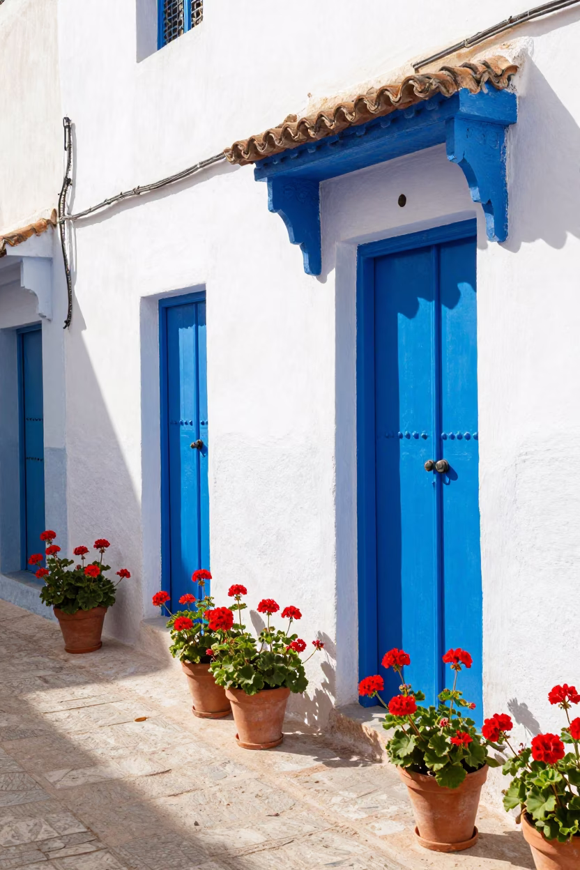 Colorful Geraniums and Blue Doors in Bright Essaouira Morning Light in in Essaouira, Morocco