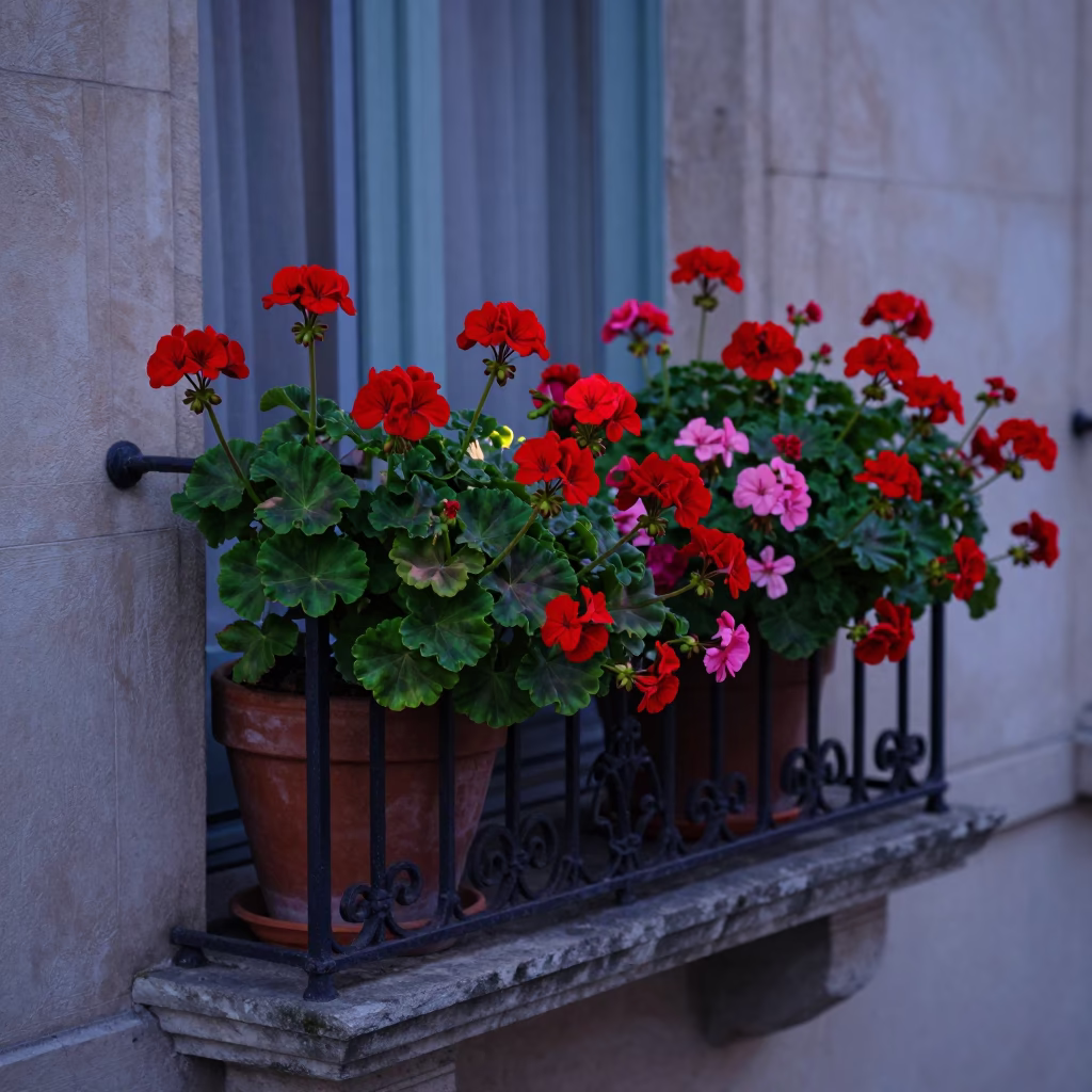 Colorful Geraniums Blooming on Historic Lyon Balcony Before Dawn Sunrise in in Lyon, France