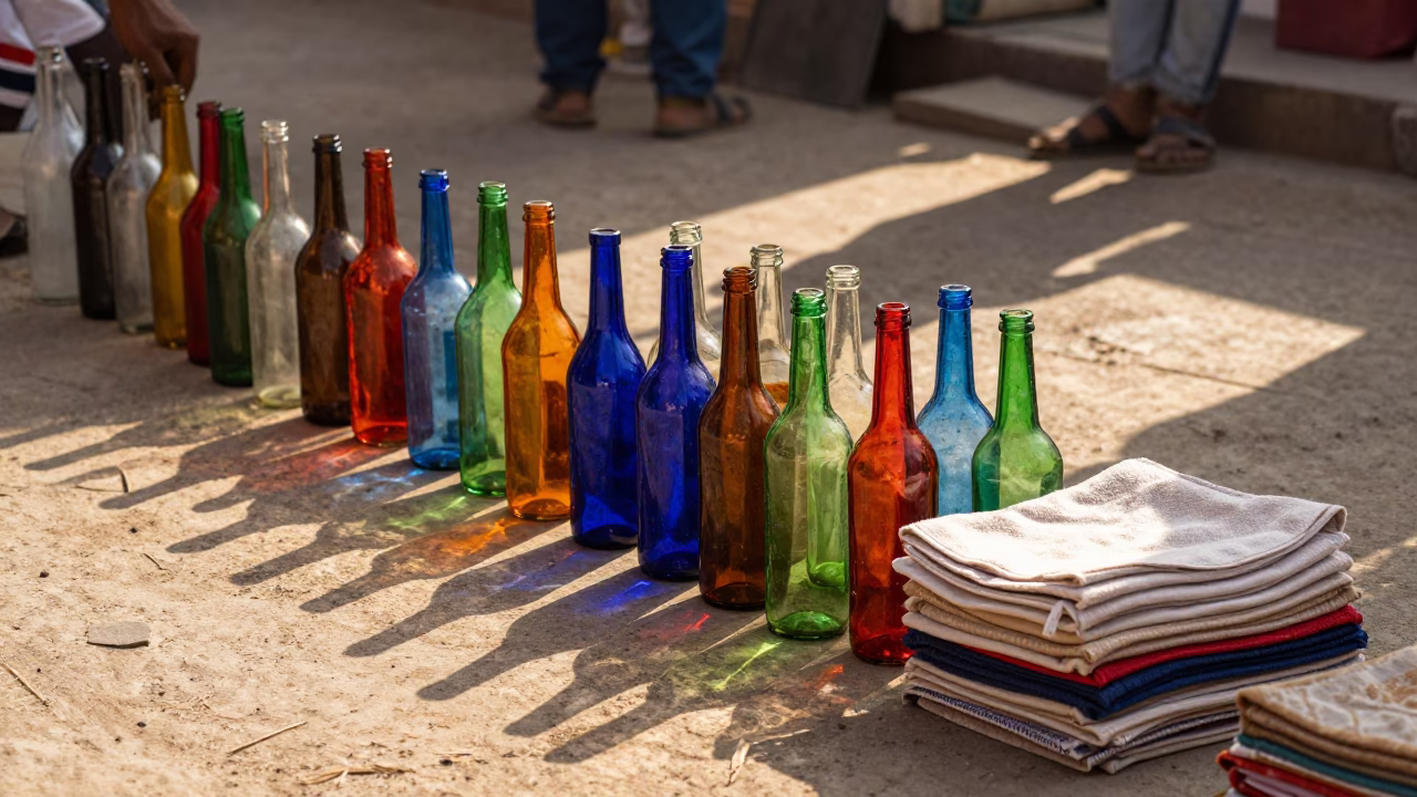 Colorful Glass Bottles and Hand Towels on Jaipur Street Stall at Sunset in in Jaipur, India