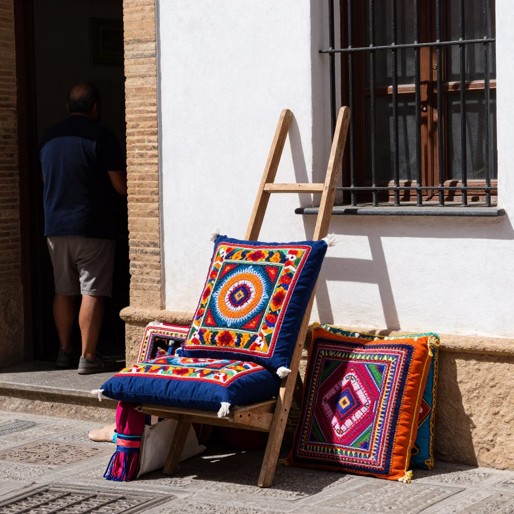 Colorful Granada Spain Midday Street Scene with Embroidered Cushion and Wooden Ladder in in Granada, Spain