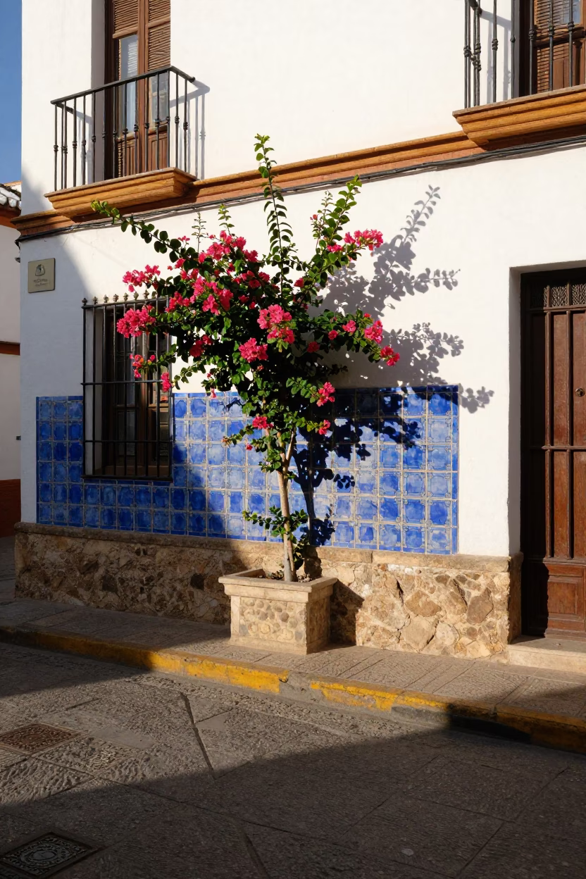 Colorful Granada Spain Street Scene Early Afternoon with Flowering Plant and Rust in in Granada, Spain