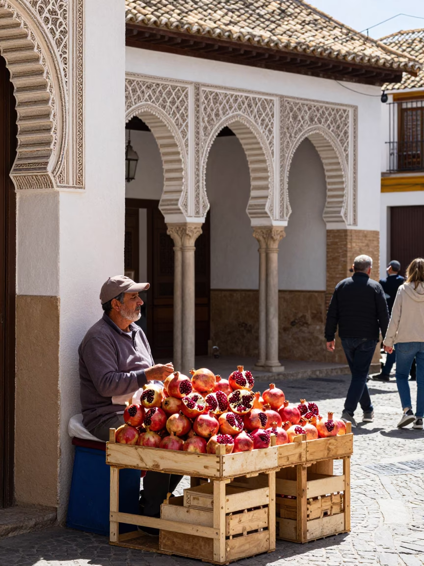 Colorful Granada Street Scene with Pomegranate Vendor and Traditional Architecture in Bright Midmorning Light in in Granada, Spain