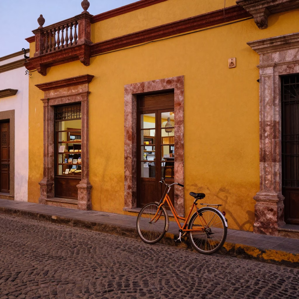 Colorful Guadalajara Mexico Evening Street Scene with Bicycle and Bakery in in Guadalajara, Mexico