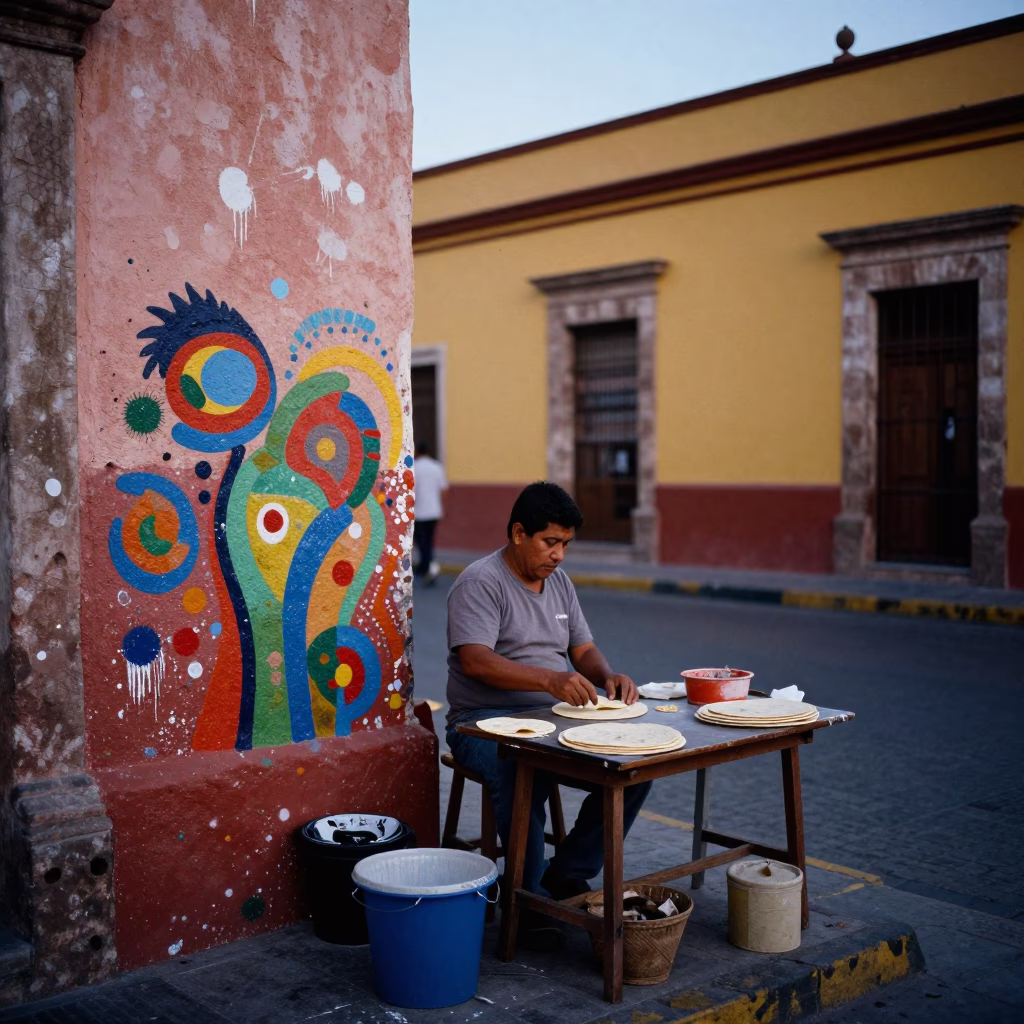 Colorful Guadalajara Mexico Evening Street Scene with Paint Flecks and Metal Bucket in in Guadalajara, Mexico