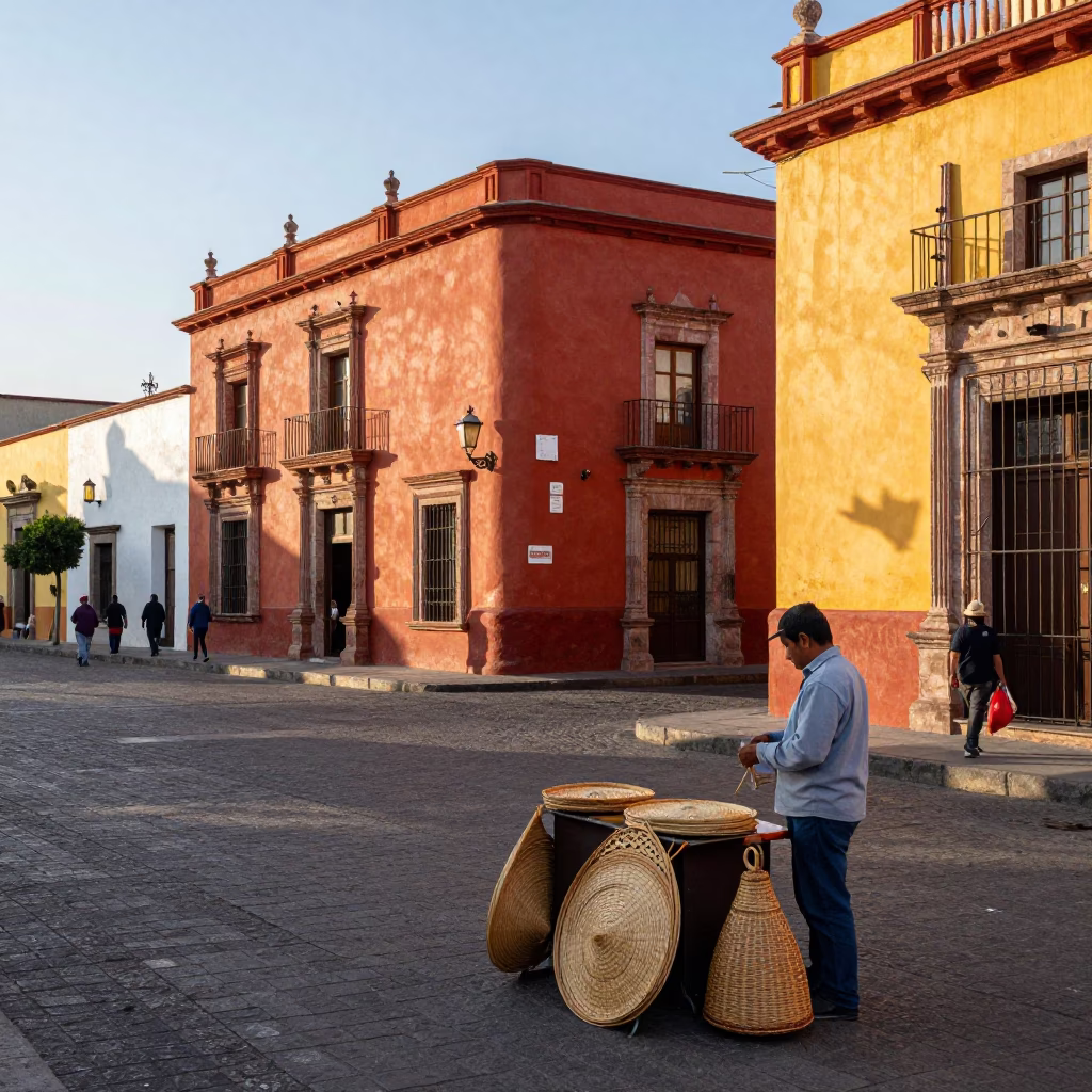 Colorful Guadalajara Mexico Late Morning Street Scene with Woven Cane and Laundry Basket in in Guadalajara, Mexico