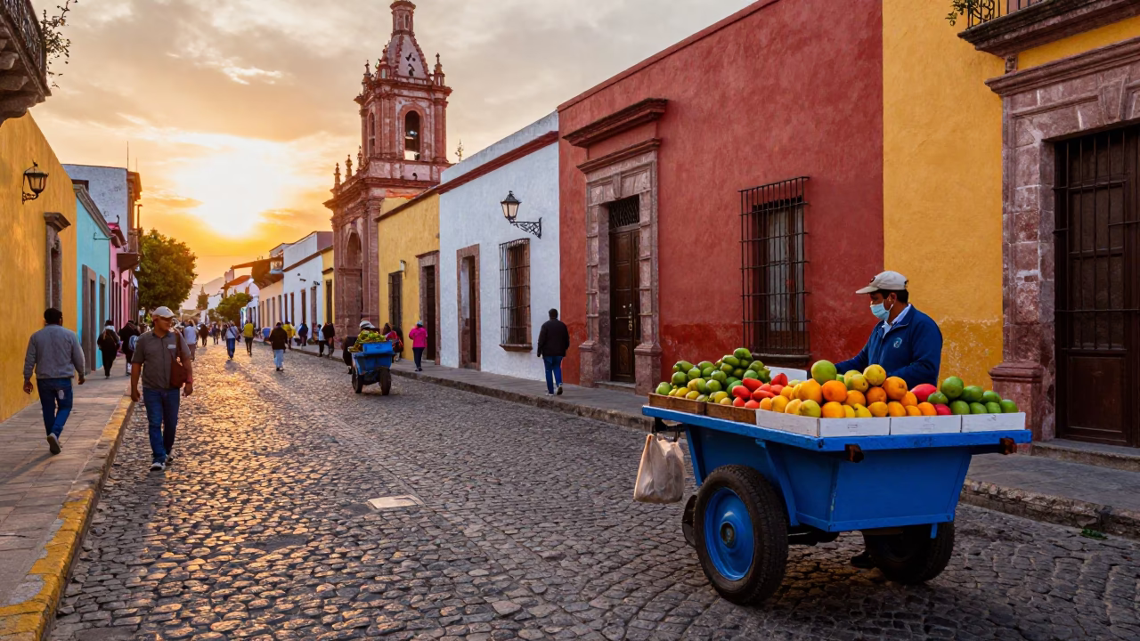 Colorful Guadalajara Mexico Street Scene at Sunset with Local Market Vendor in in Guadalajara, Mexico