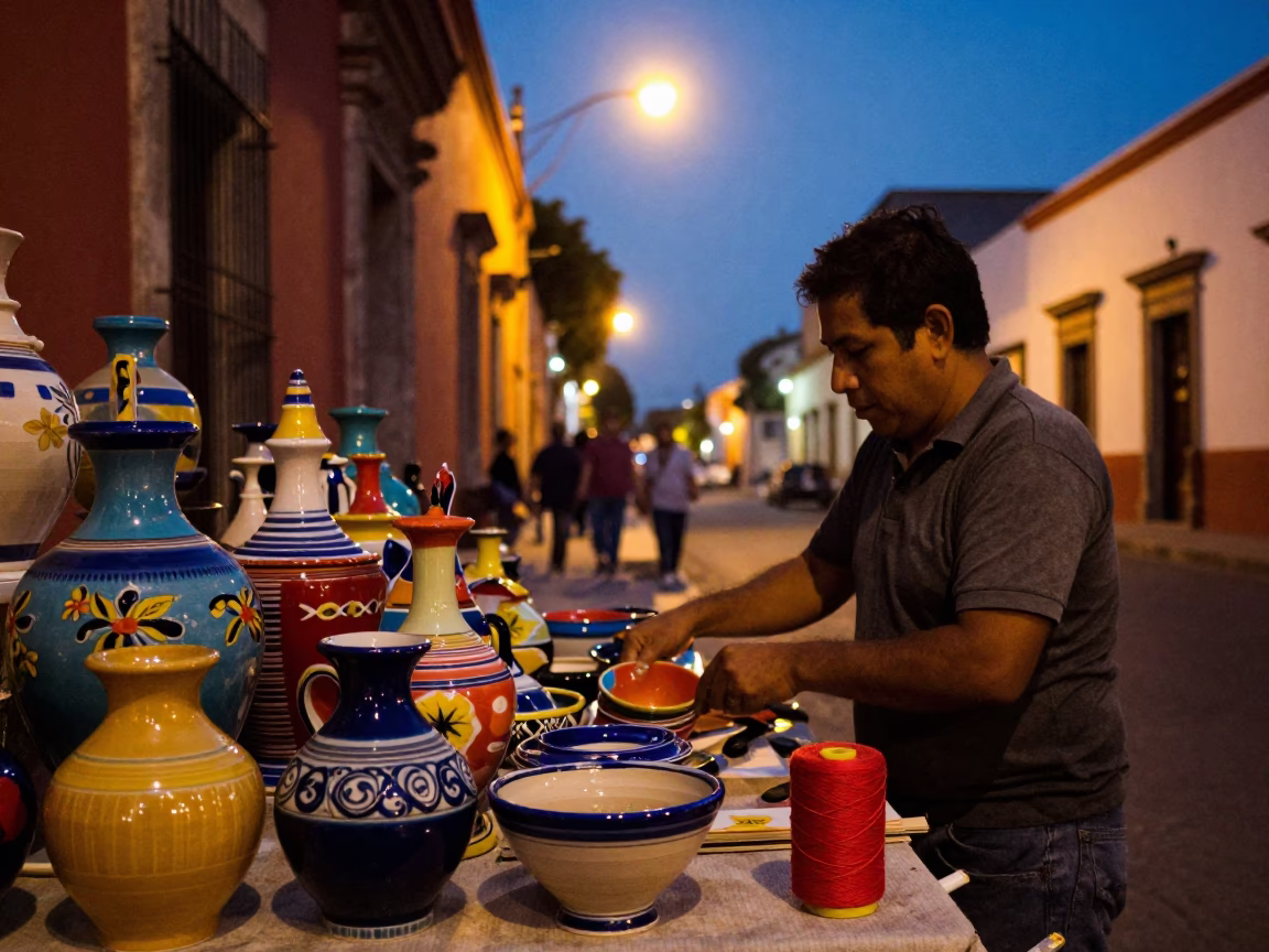 Colorful Guadalajara Mexico Twilight Street Scene with Ceramic Jar and Thread Spool in in Guadalajara, Mexico
