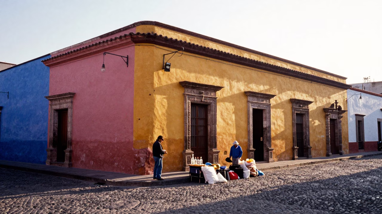 Colorful Guadalajara Morning Street Scene with Tequila Bottle and Traditional Talavera Pottery at Sunrise in in Guadalajara, Mexico