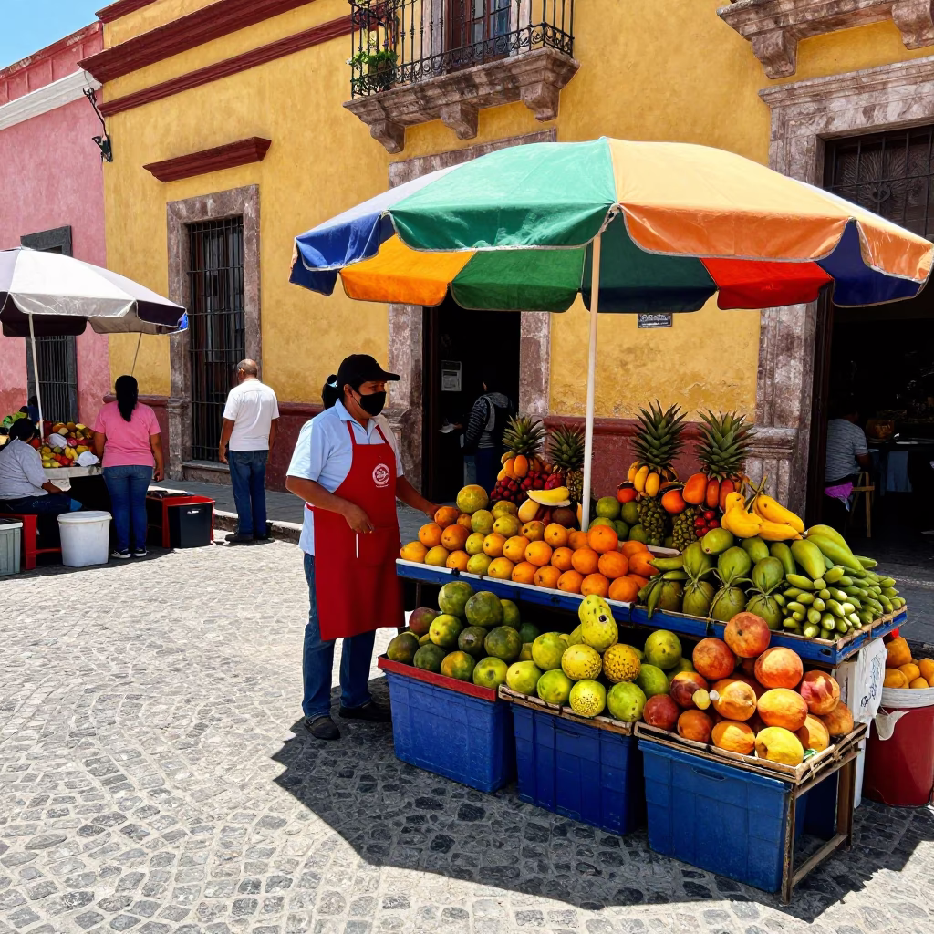 Colorful Guadalajara Street Market Midday Scene with Vendor Apron and Local Activity in in Guadalajara, Mexico