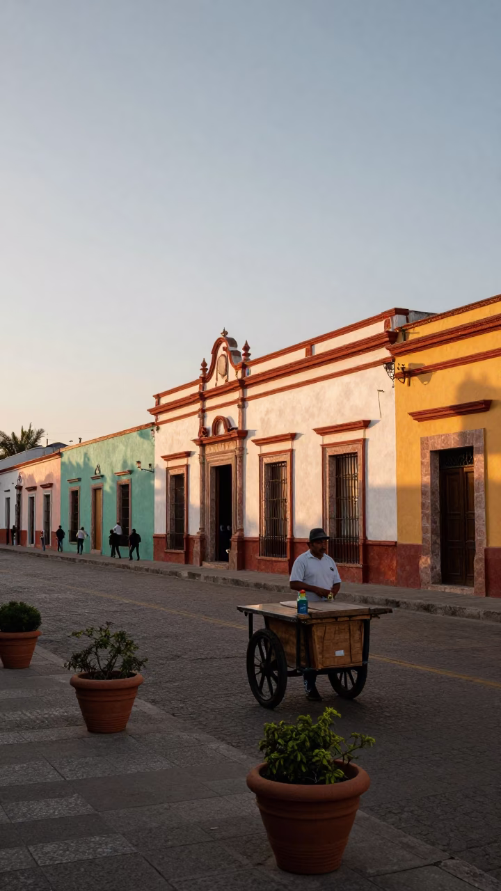 Colorful Guadalajara Street Scene at Nautical Dawn with Potted Geraniums and Local Market Activity in in Guadalajara, Mexico