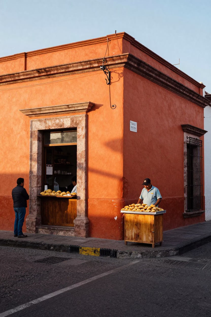 Colorful Guadalajara Street Scene at Sunrise with Local Bakery Goods and Urban Architecture in in Guadalajara, Mexico