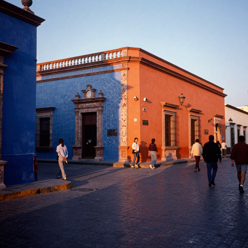 Colorful Guadalajara Street Scene Early Evening with Mosaic Tile Fragments and Local Life in in Guadalajara, Mexico