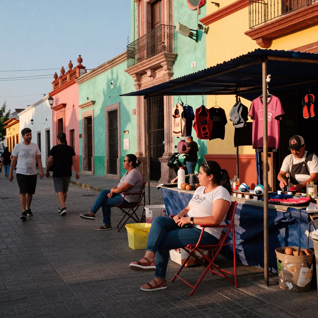 Colorful Guadalajara Street Scene Late Afternoon with Folding Chair and Hand Mirror in in Guadalajara, Mexico