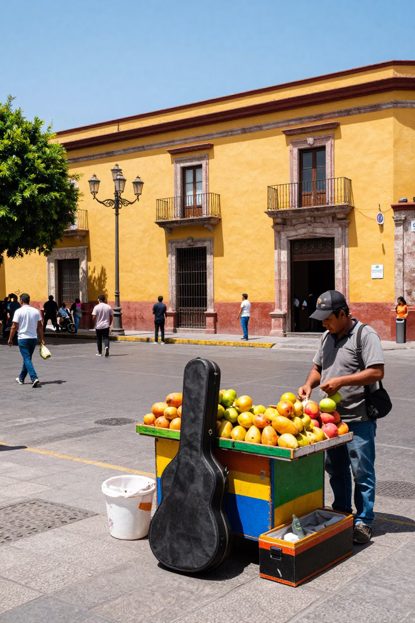 Colorful Guadalajara Street Scene with Guitar Case and Hatbox Under Noon Sun in in Guadalajara, Mexico