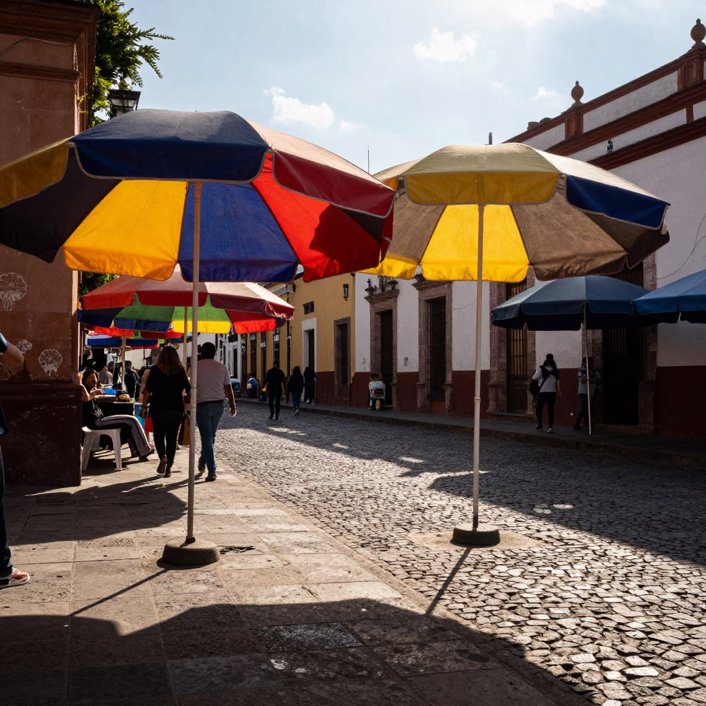 Colorful Guadalajara Street Scene with Market Umbrellas and Local Architecture in Late Afternoon Light in in Guadalajara, Mexico