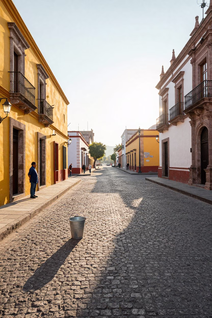 Colorful Guadalajara Street Scene with Metal Bucket and Morning Sunlight in in Guadalajara, Mexico
