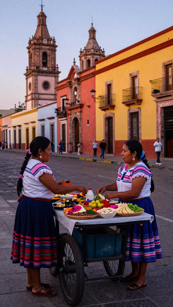 Colorful Guadalajara Street Scene with Mezze Platter and Local Interaction at Dusk in in Guadalajara, Mexico