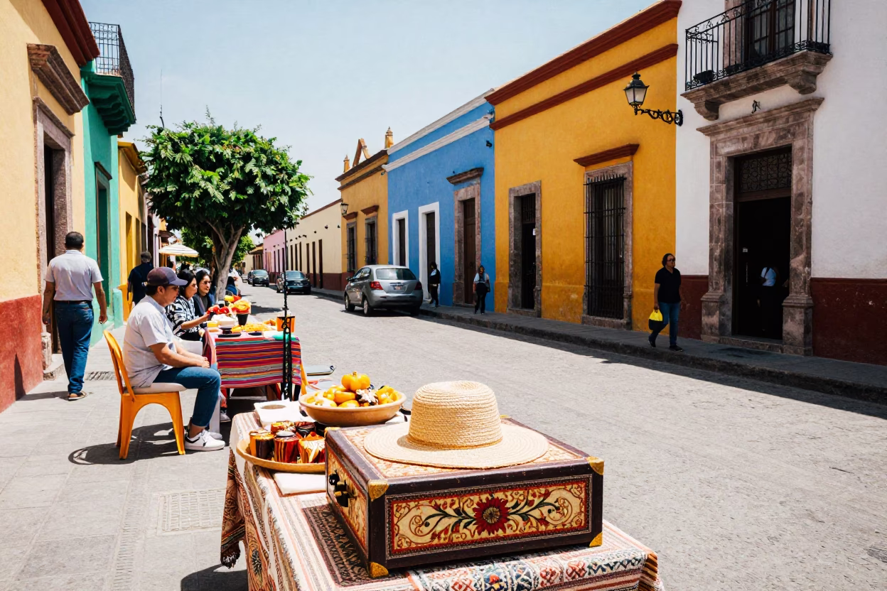 Colorful Guadalajara Street Scene with Traditional Foods and Local Market Activity in in Guadalajara, Mexico