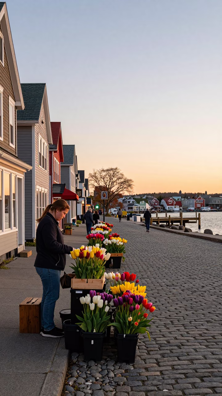 Colorful Halifax Evening Street Scene with Tulips and Local Market Vibes in in Halifax, Nova Scotia, Canada