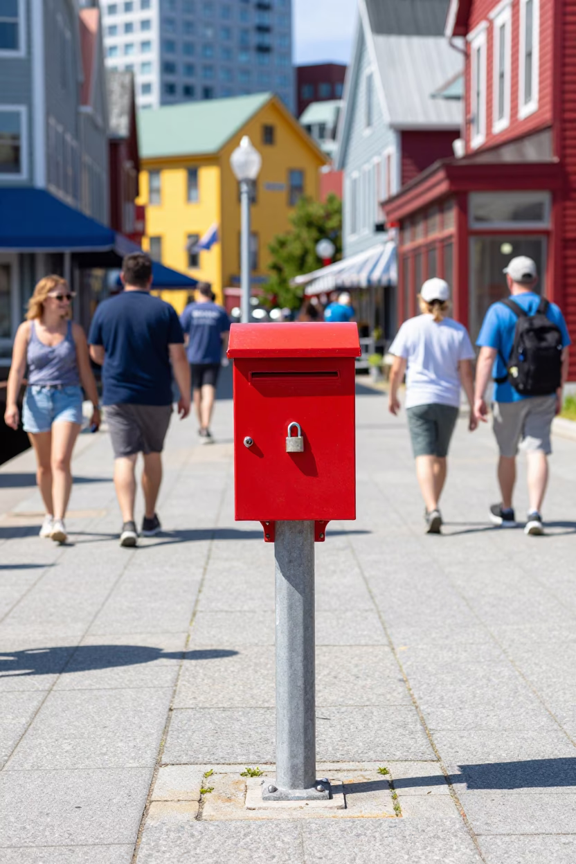 Colorful Halifax Nova Scotia Street Scene with Lockbox and Vibrant City Life in in Halifax, Nova Scotia, Canada